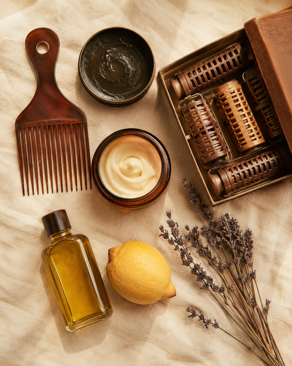 Vintage Black beauty essentials — afro pick, cocoa butter, olive oil, lemon, roller set, lavender on cream linen