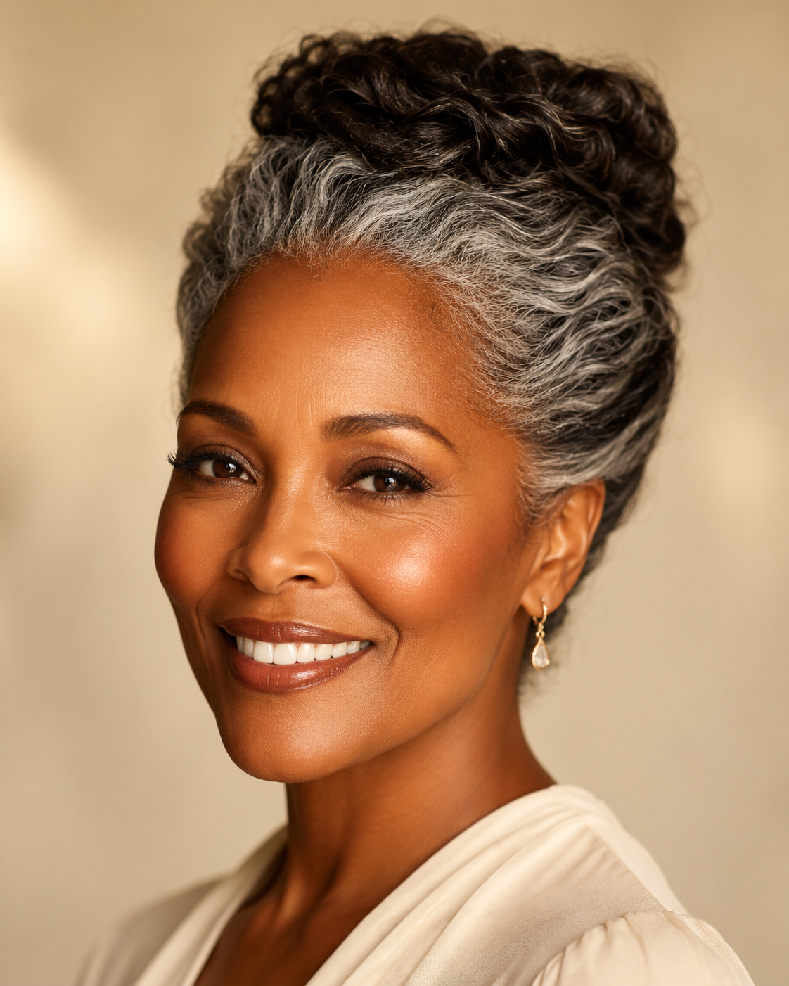 Beautiful Black woman with radiant skin and silver-streaked hair, smiling warmly